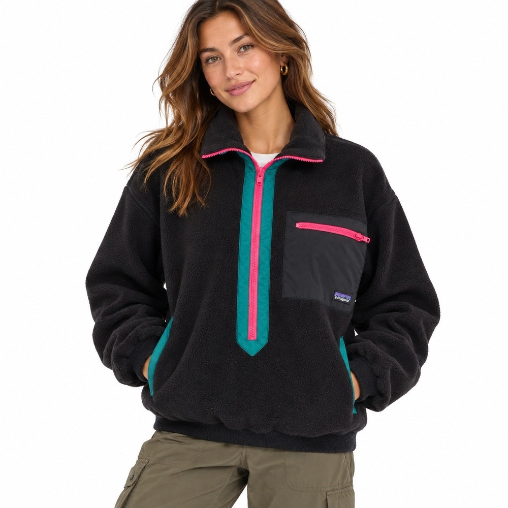 Vintage 80s Patagonia Synchilla Fleece Pullover 10 USA 25359 Black Pink Retro